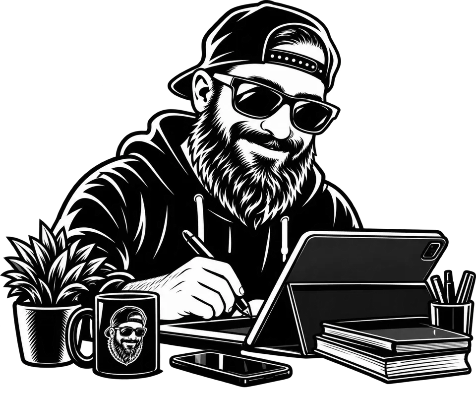 Line illustration of the bearded BeardyWeb designer sketching on a tablet beside a plant and a BeardyWeb mug