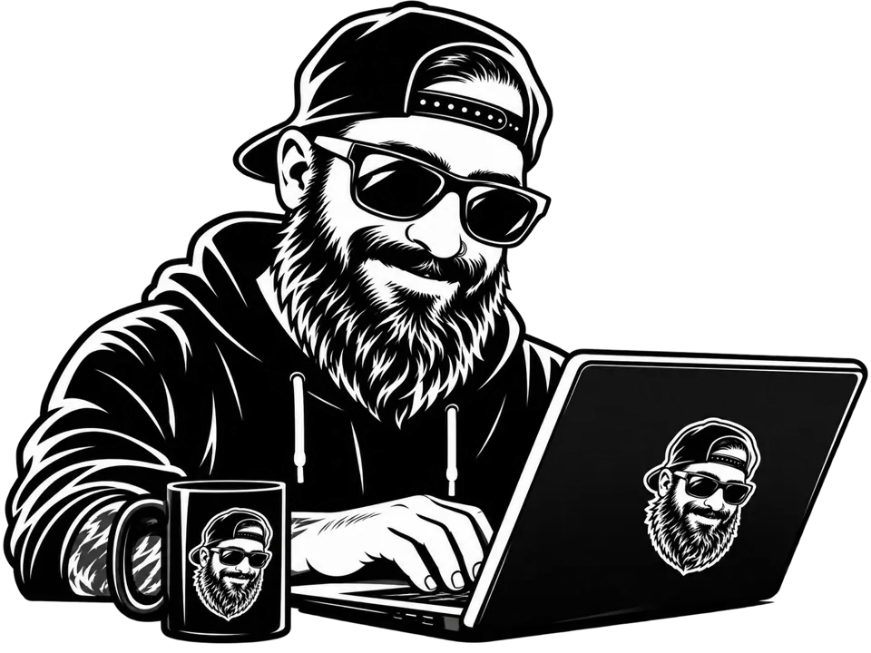 Line illustration of the bearded BeardyWeb developer typing on a laptop with a coffee mug