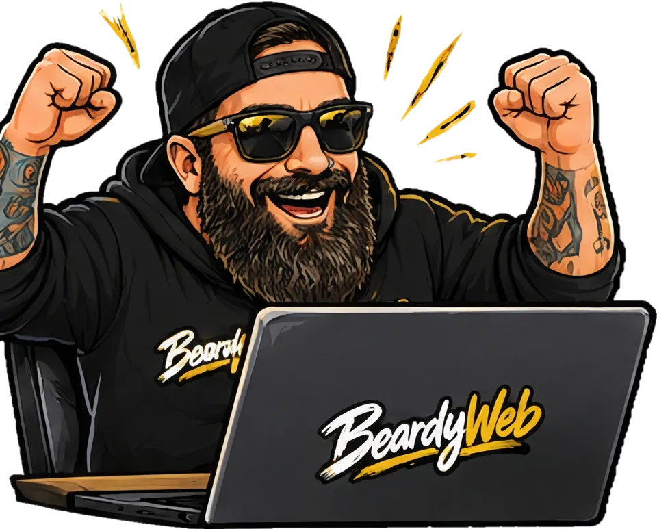 Illustrated BeardyWeb founder celebrating with both fists in the air behind a BeardyWeb laptop